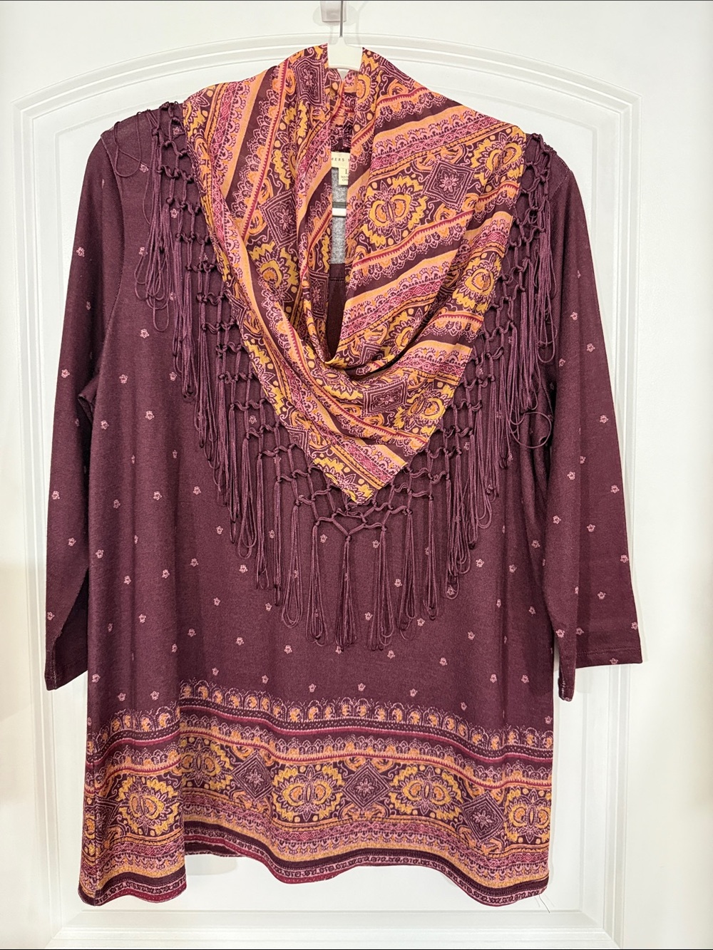 Fringed Paisley Border Tunic Top in Plum and Mustard